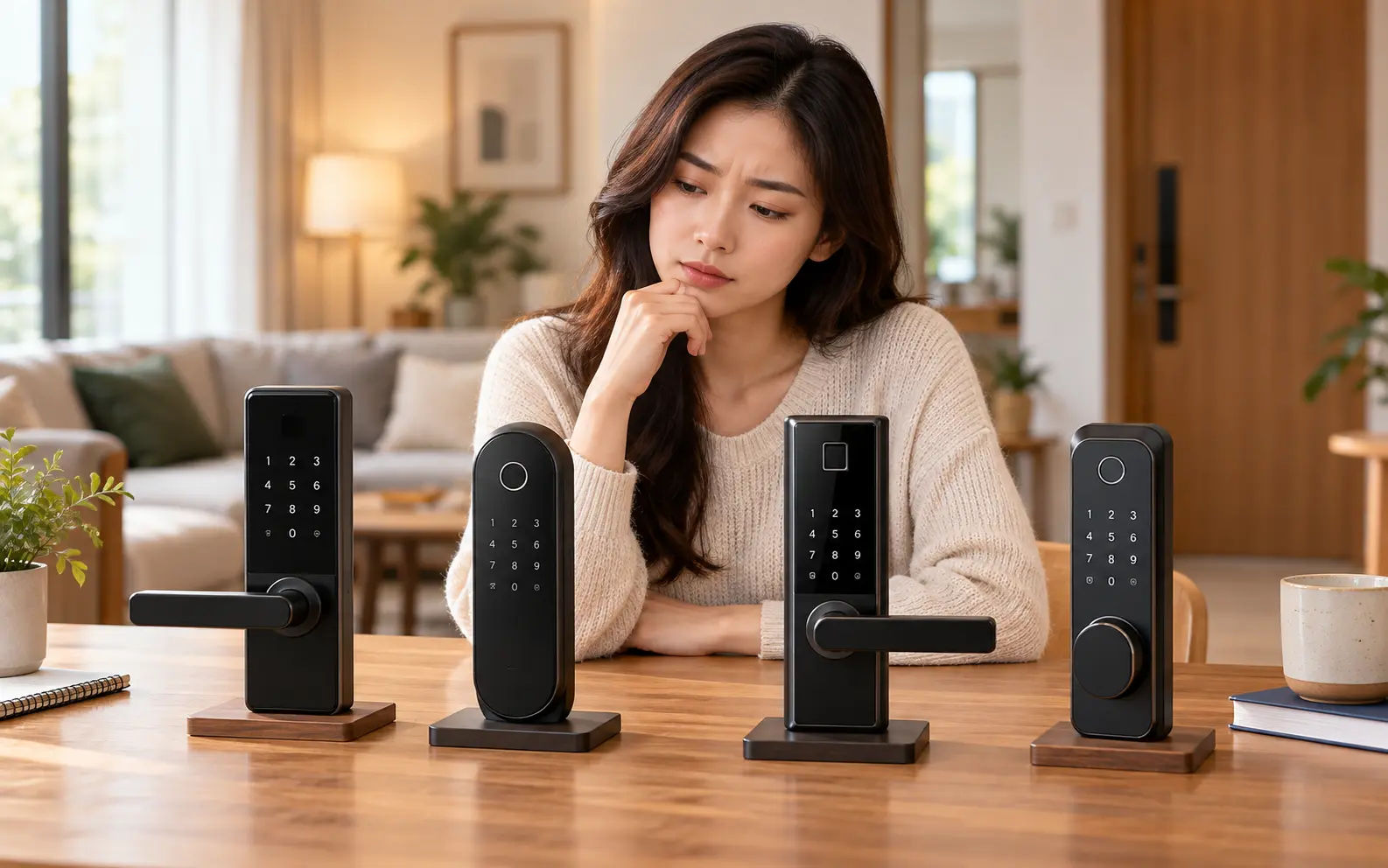 Pessoa avaliando diferentes modelos de fechaduras digitais para decidir se vale a pena comprar