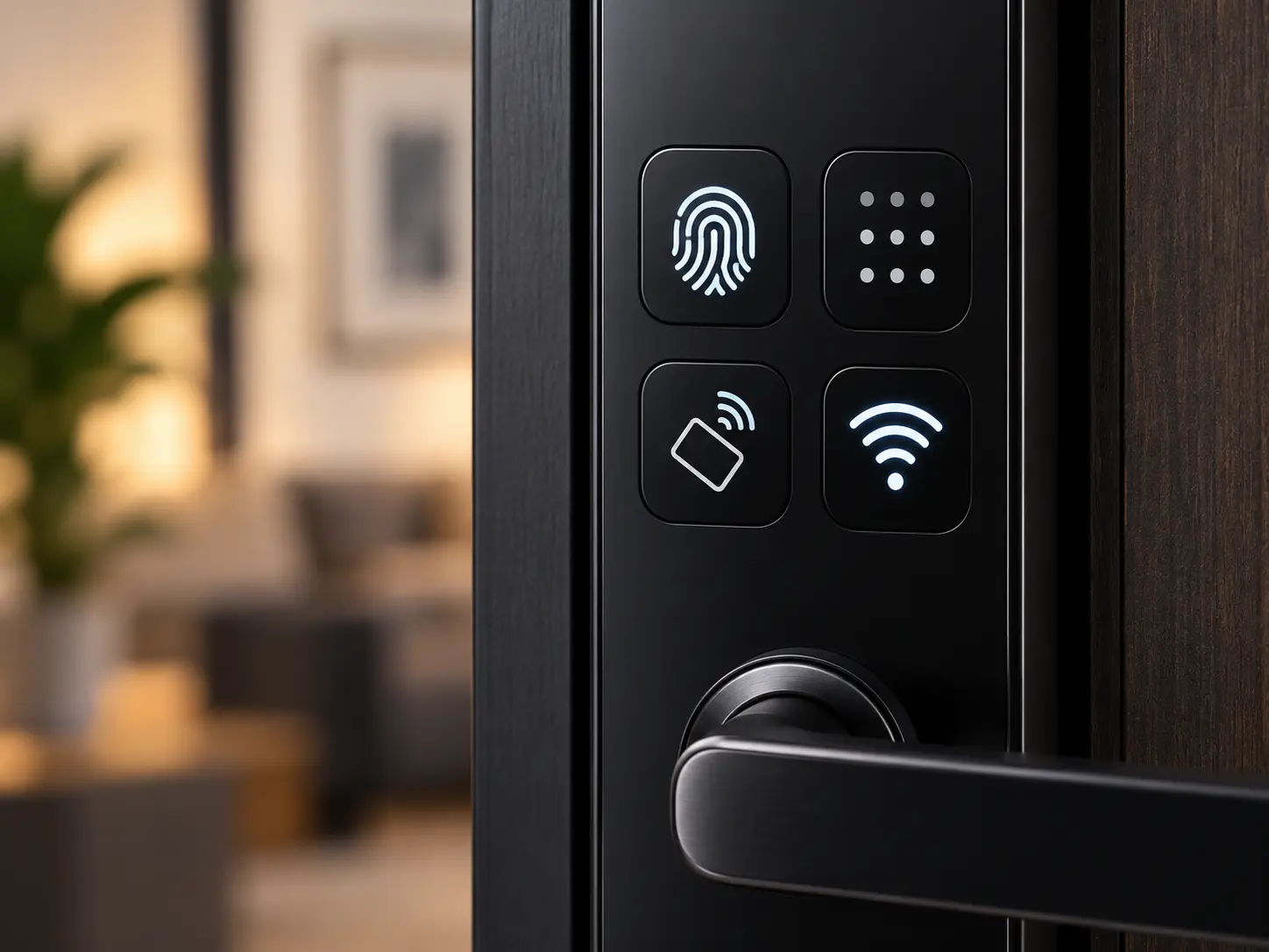 Detalhe de fechadura digital com biometria, senha, TAG e conectividade Wi-Fi