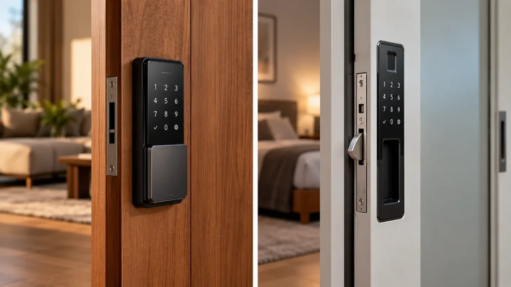 Comparação de duas fechaduras digitais em portas de correr: à esquerda, modelo preto de sobrepor em porta de madeira; à direita, modelo de embutir com teclado numérico e mecanismo de travamento visível na lateral de uma porta clara.