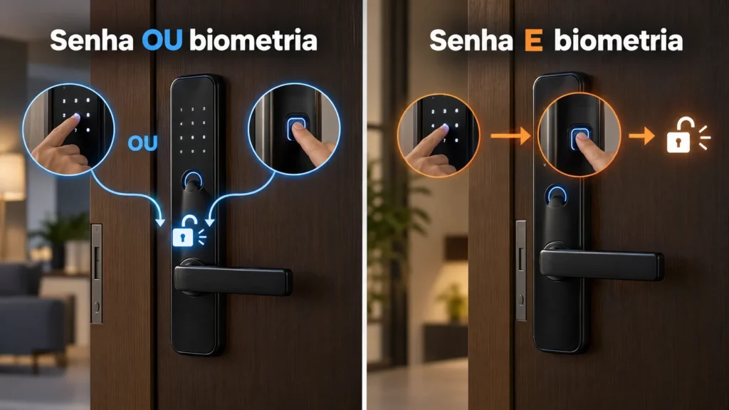 Comparação entre duas formas de autenticação em fechaduras digitais: abertura por senha ou biometria e abertura que exige senha e impressão digital em conjunto.