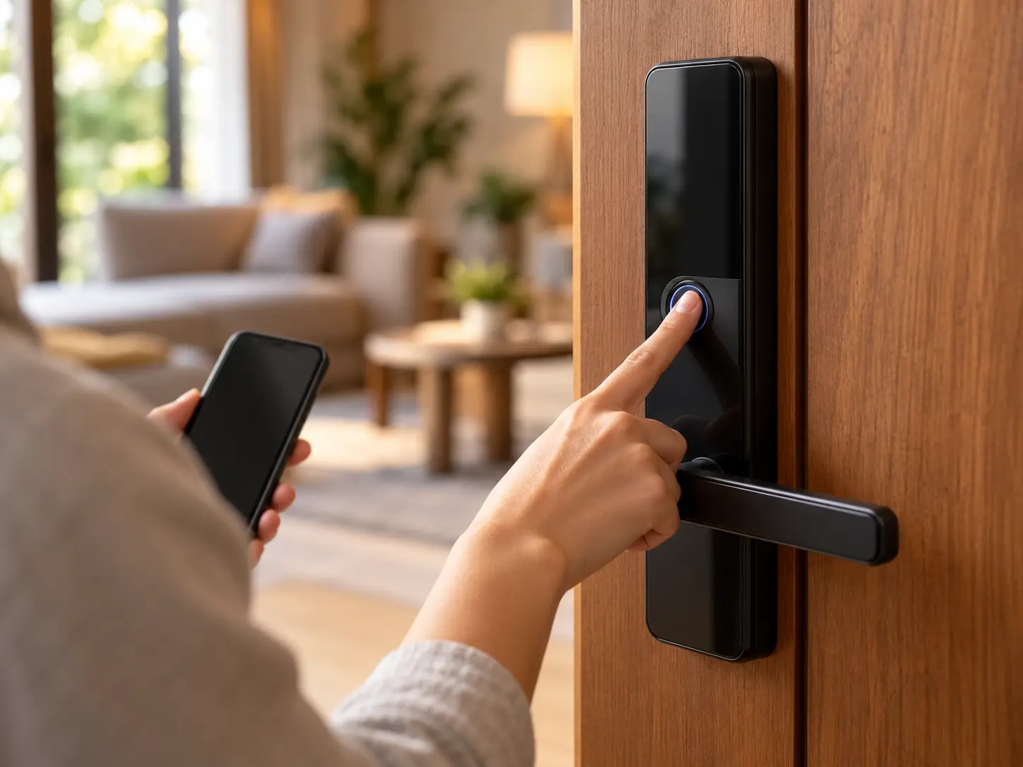 Pessoa utilizando o leitor biométrico de uma fechadura digital preta enquanto segura um smartphone, em porta de madeira.