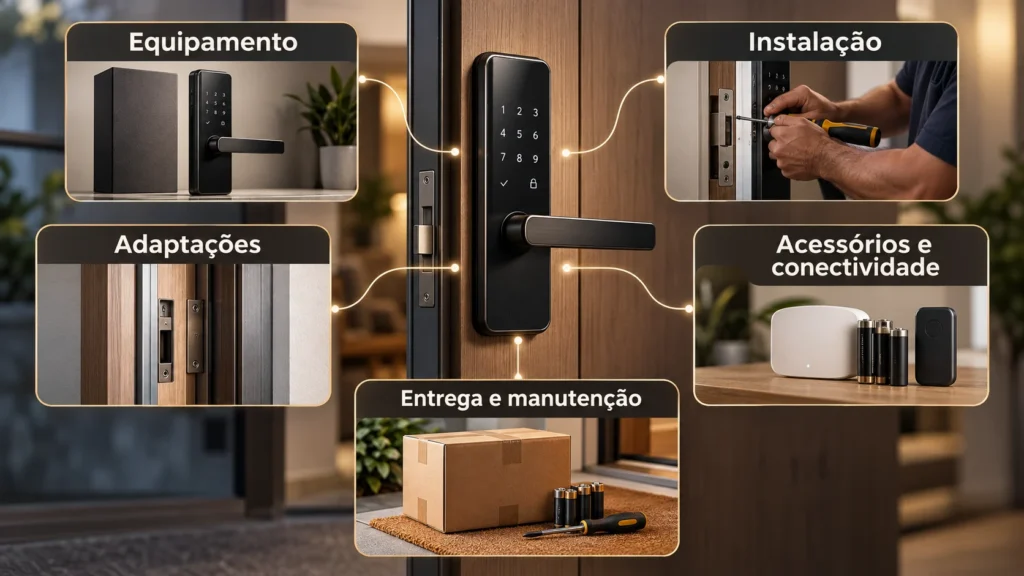 Diagrama ilustrativo dos custos de uma fechadura digital, incluindo equipamento, instalação, adaptações, acessórios, conectividade, entrega e manutenção.