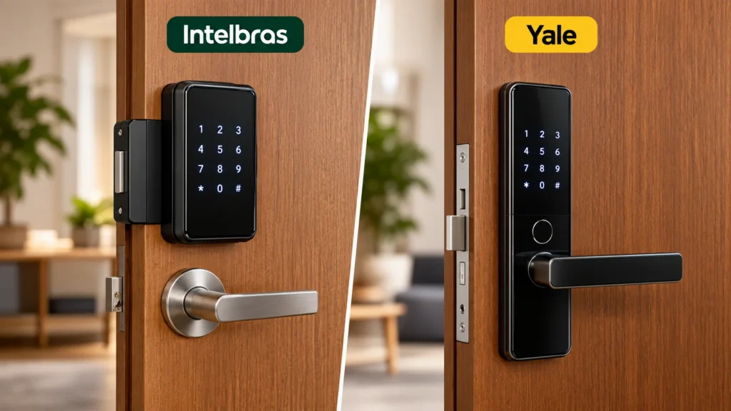 Comparação entre fechadura digital Intelbras de sobrepor, com maçaneta separada, e fechadura digital Yale com maçaneta integrada, instaladas em portas de madeira.