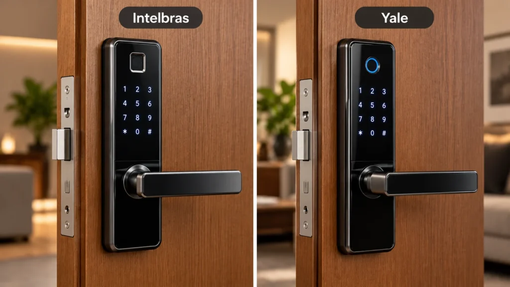 Comparação entre fechaduras digitais biométricas Intelbras e Yale, com teclado numérico e maçaneta integrada, instaladas lado a lado em portas de madeira.