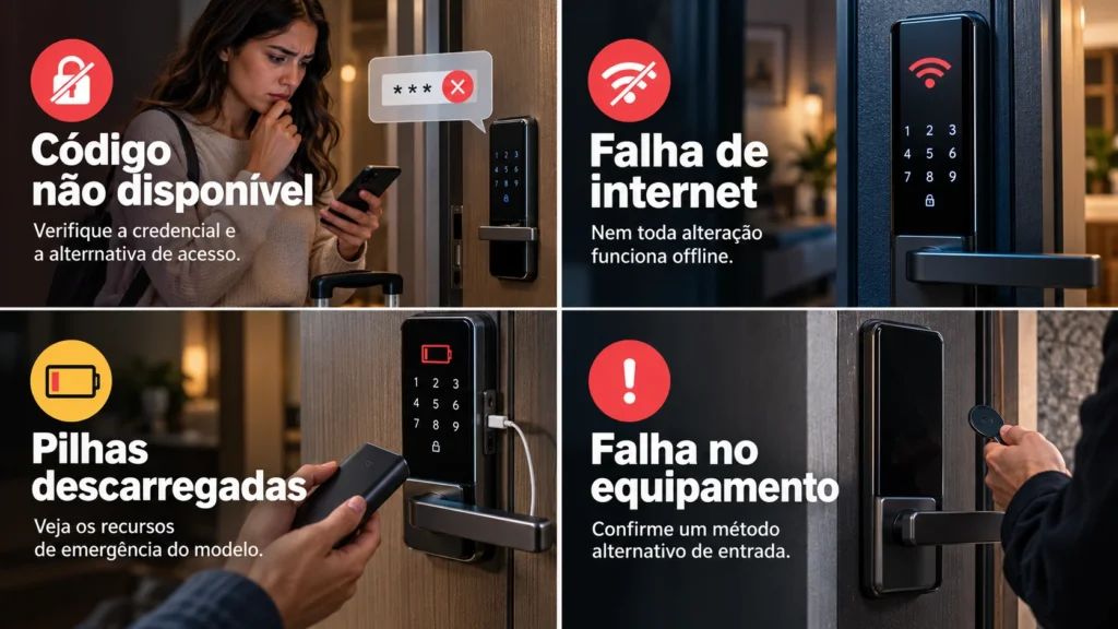 Ilustração de quatro problemas com fechaduras digitais: código indisponível, falha de internet, pilhas descarregadas e defeito no equipamento, com alternativas de acesso.