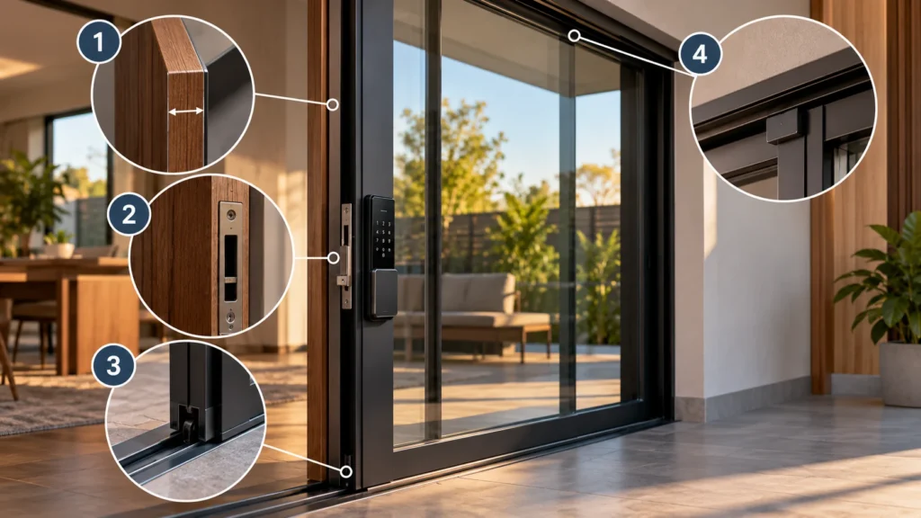 Porta de correr de vidro com esquadria preta e fechadura digital, acompanhada de quatro detalhes ampliados que destacam a espessura da porta, o mecanismo de fechamento, o trilho inferior e o sistema de deslizamento superior.