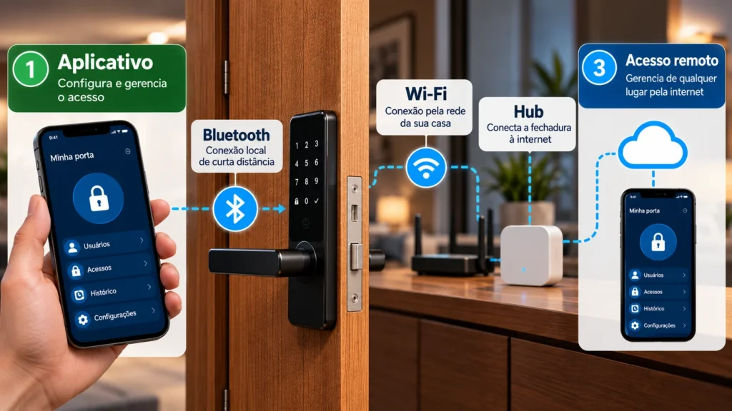 Infográfico mostrando três formas de acesso a uma fechadura digital: acesso local, conexão Bluetooth pelo celular e acesso remoto por Wi-Fi e hub.