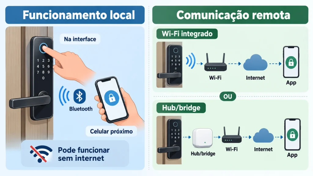 Diagrama comparando o funcionamento local de uma fechadura digital, pela própria interface ou Bluetooth, com a comunicação remota por Wi-Fi integrado ou hub, conforme o modelo. O acesso local pode funcionar sem internet.