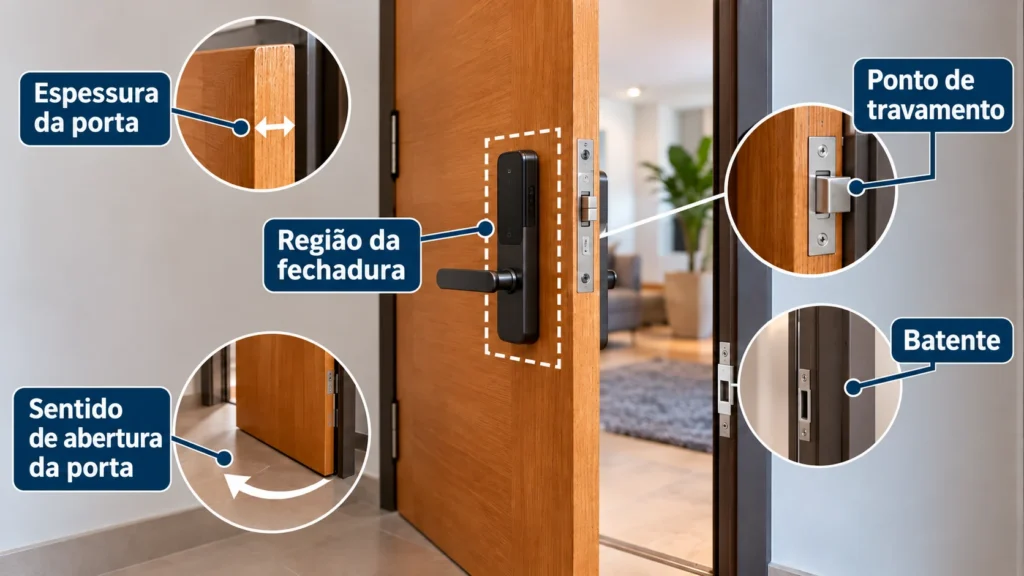Porta residencial com fechadura digital e destaques para espessura, sentido de abertura, posição da fechadura, batente e ponto de travamento.
