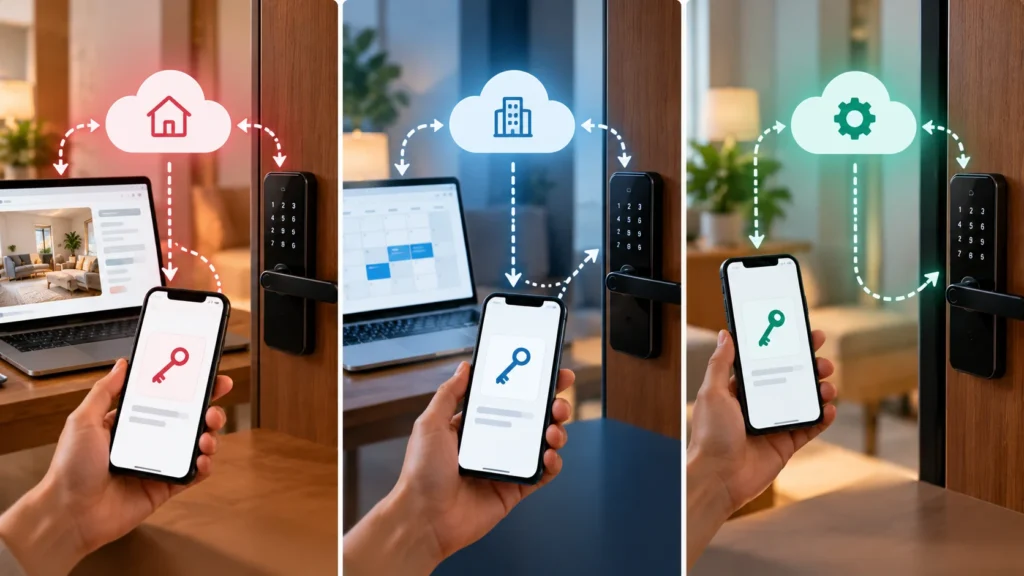 Ilustração comparativa de três formas de integração de fechaduras digitais com sistemas de reservas: conexão direta, sistema PMS e serviço do fabricante.