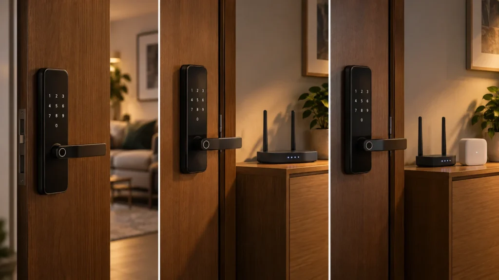 Comparação de três fechaduras digitais instaladas em portas residenciais: modelo sem Wi-Fi, modelo com Wi-Fi integrado e modelo conectado por hub.
