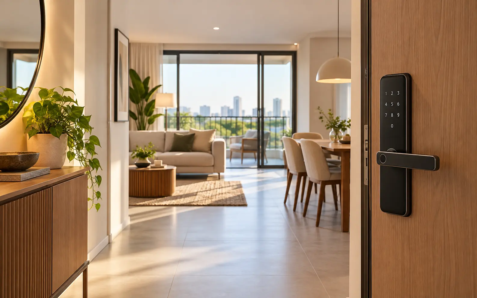 Entrada de apartamento moderno com fechadura digital instalada em porta de madeira.