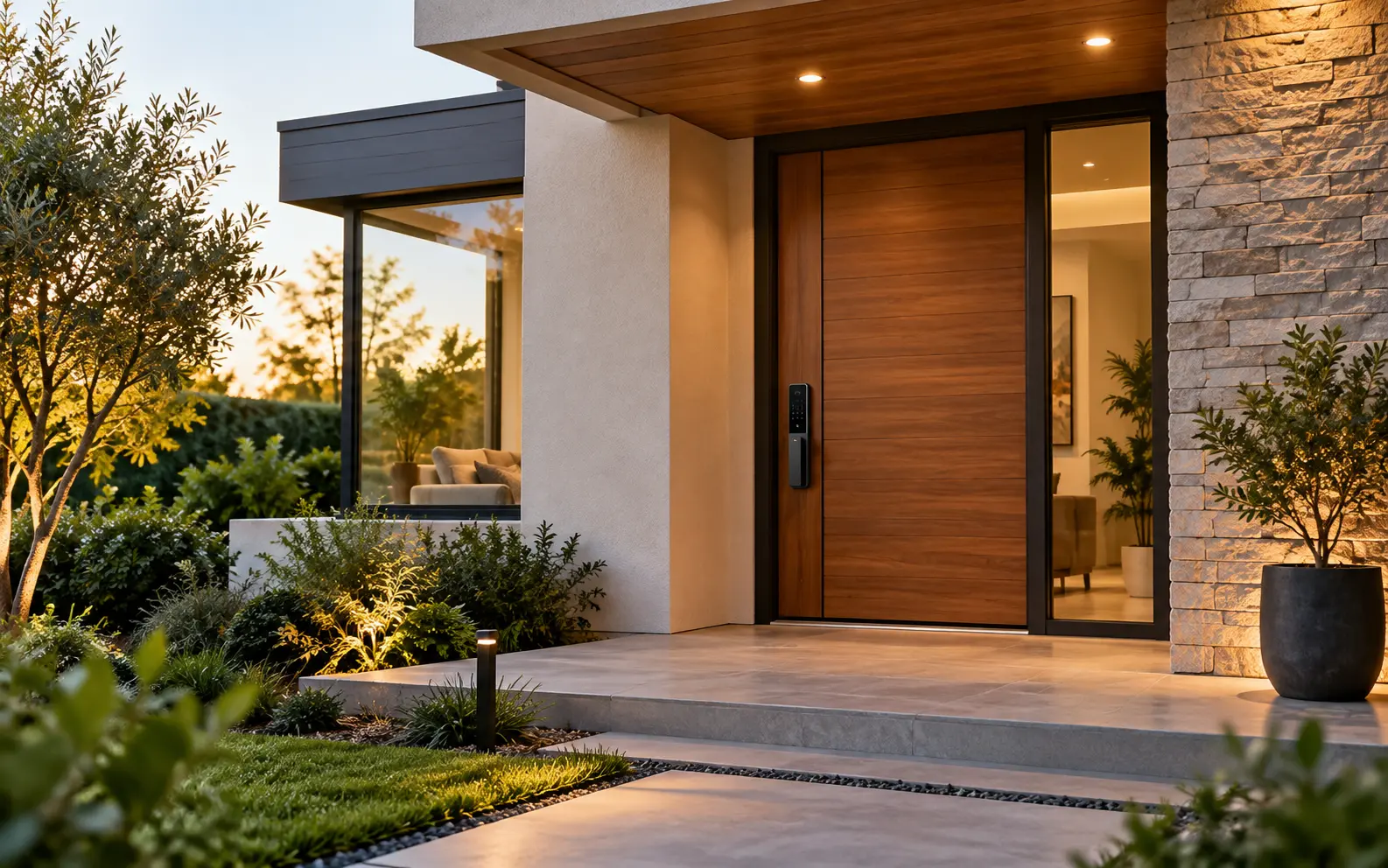 Entrada de casa moderna com porta de madeira e fechadura digital.