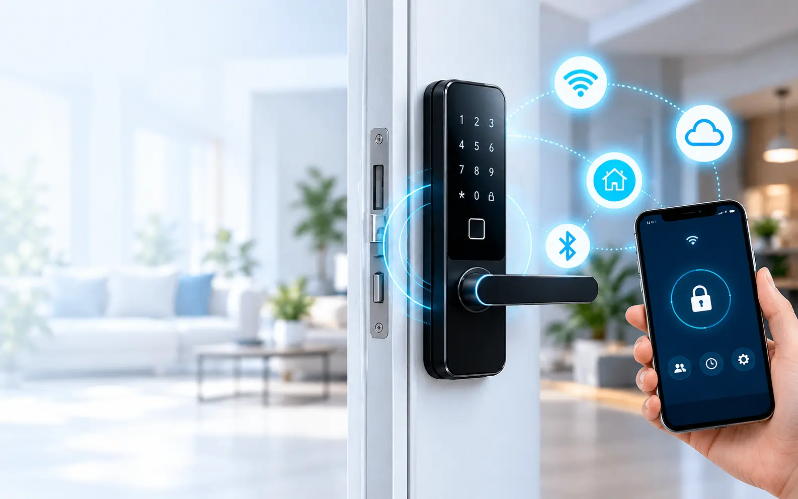 Fechadura digital inteligente conectada a smartphone e dispositivos de uma casa inteligente.