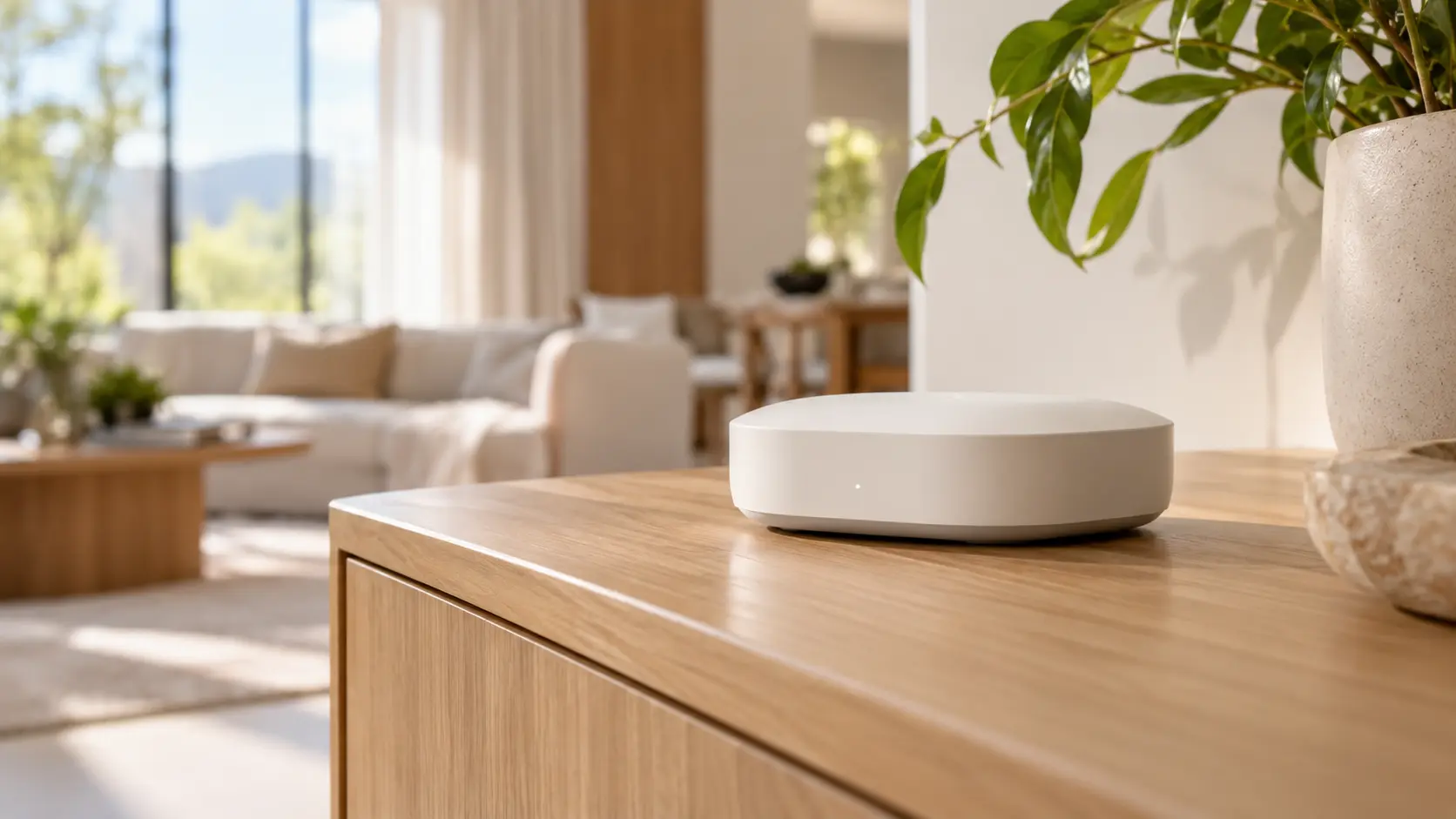 Hub de automação residencial branco sobre móvel de madeira em uma sala moderna.
