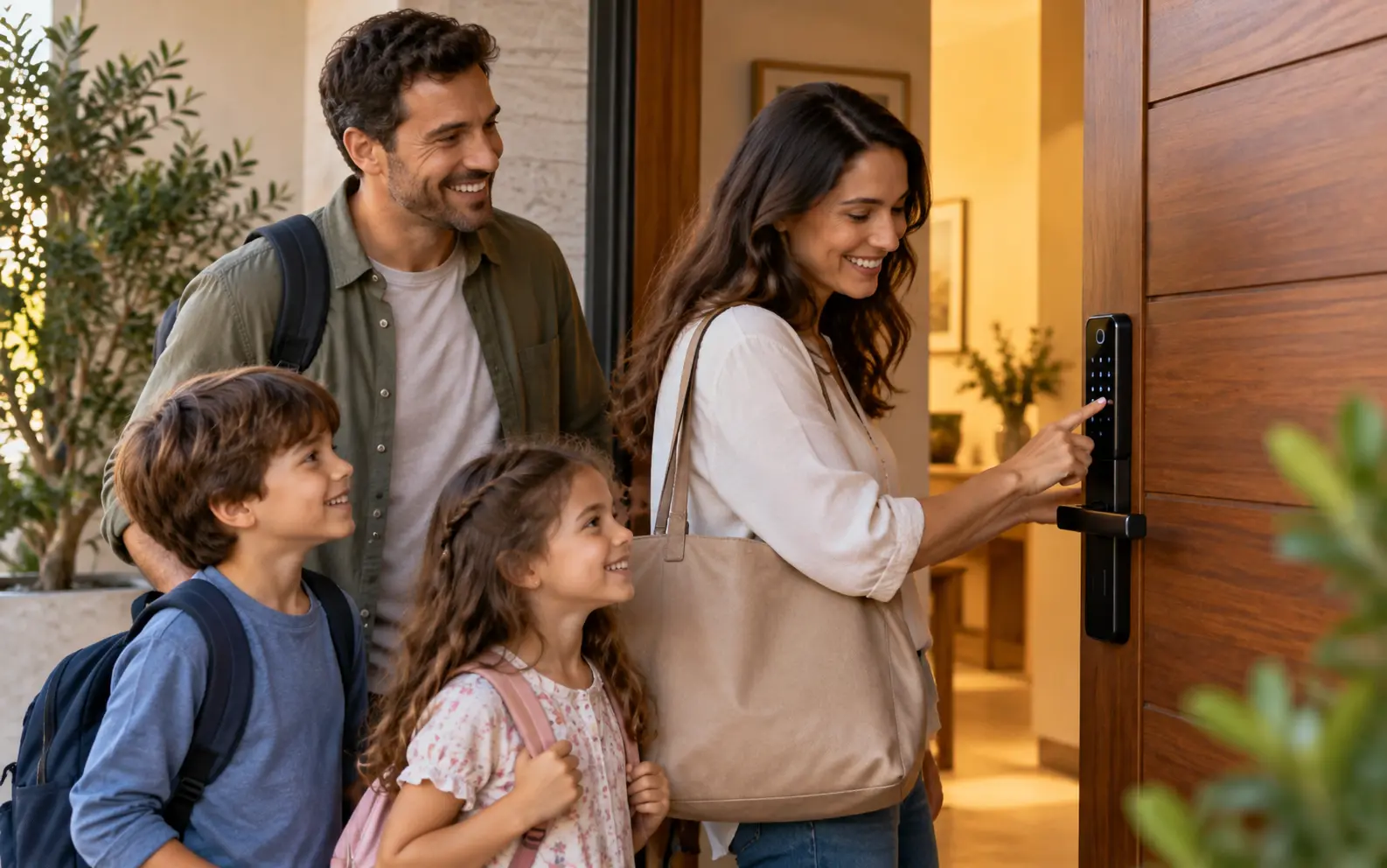 Família utilizando fechadura digital na entrada de uma residência.