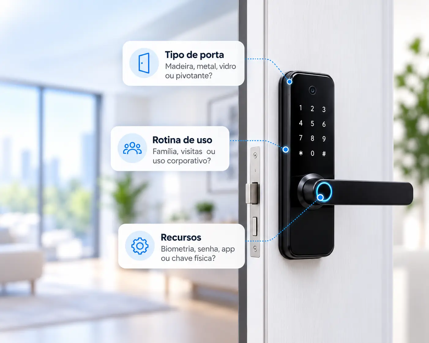 Fechadura digital em destaque com destaques de tipo de porta, rotina de uso e recursos