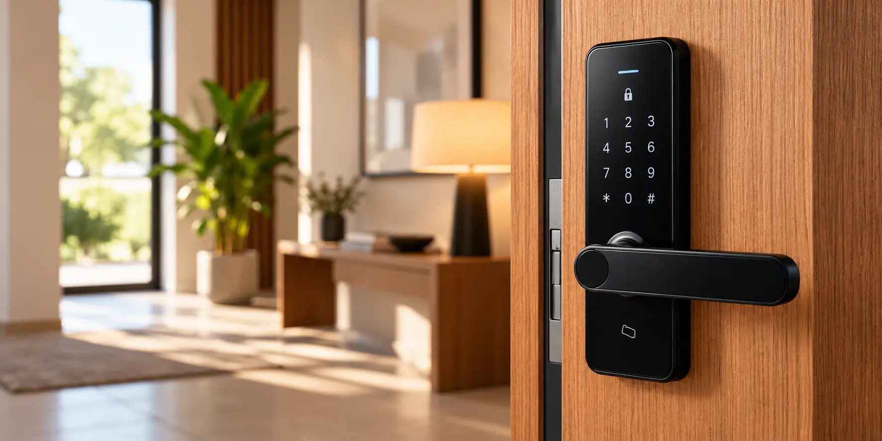 Fechadura digital preta com teclado numérico instalada em porta de madeira, em ambiente residencial.