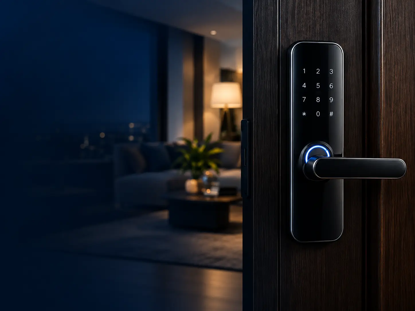 Fechadura digital preta com teclado numérico iluminado, instalada em uma porta de madeira, com a sala ao fundo