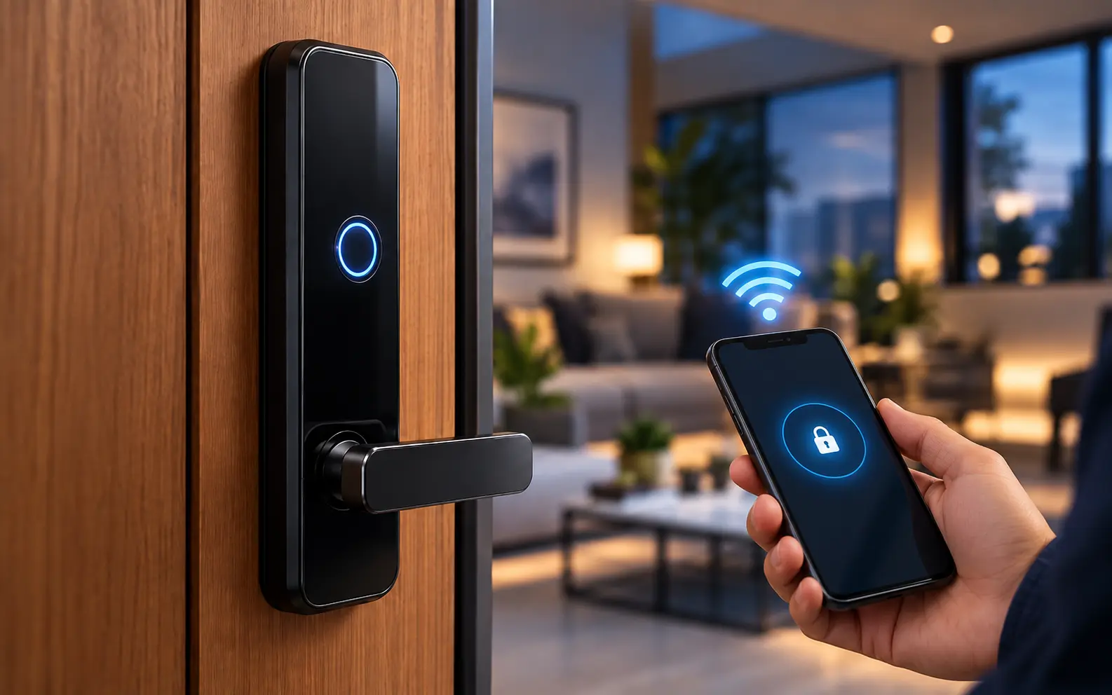 Representação de conectividade entre fechadura digital e rede Wi-Fi.