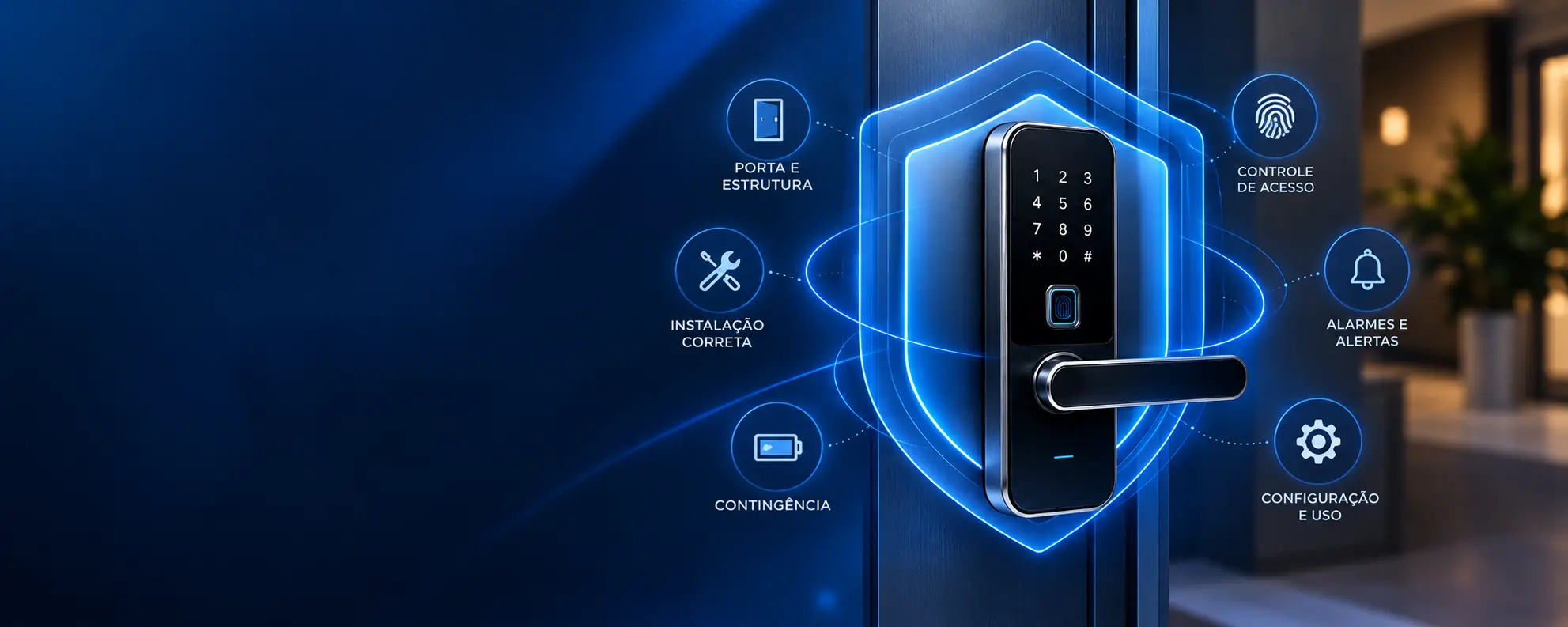Fechadura digital protegida por um escudo luminoso azul, com camadas de proteção ao redor